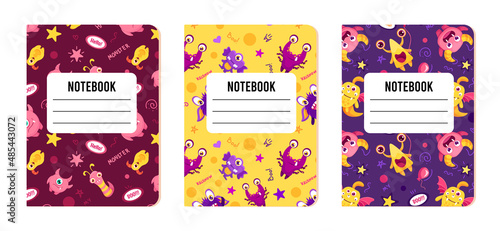 Notebook Cover templates with funny monsters patterns. Printable background for school stationery, kids diaries and albums. Vector cartoon illustration