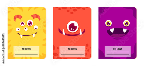 Cute kids Monster cover design for notebooks, planners, brochures, children books. Vector cartoon printable illustration