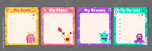 Memo Notes Set with To do list and My plans papers for children and kid printable stationery. Colorful planner stickers with cute kind monsters. Vector Flat Illustration