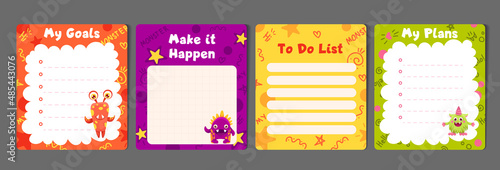 Memo Notes Set with To do list and My plans papers for children and kid printable stationery. Colorful planner stickers with cute kind monsters. Vector Flat Illustration