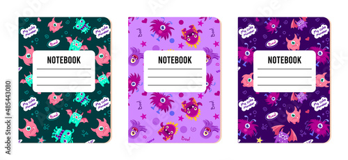 Notebook Cover templates with funny monsters patterns. Printable background for school stationery, kids diaries and albums. Vector cartoon illustration