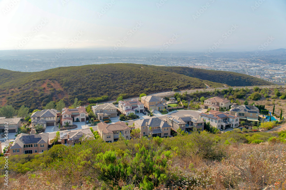 Fototapeta premium High angle view of large houses in a Cul-de-Sac residential area