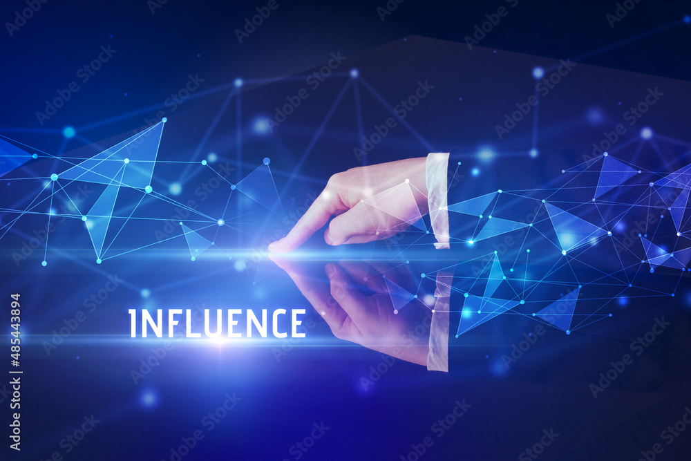 Businessman touching huge screen Businessman touching huge screen
