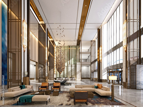 3d render of luxury hotel reception lobby