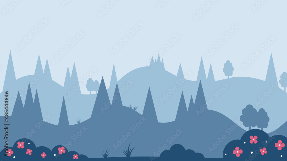 Abstract hill and tree landscape in flat design. Blue color silhouette. Vector illustration.