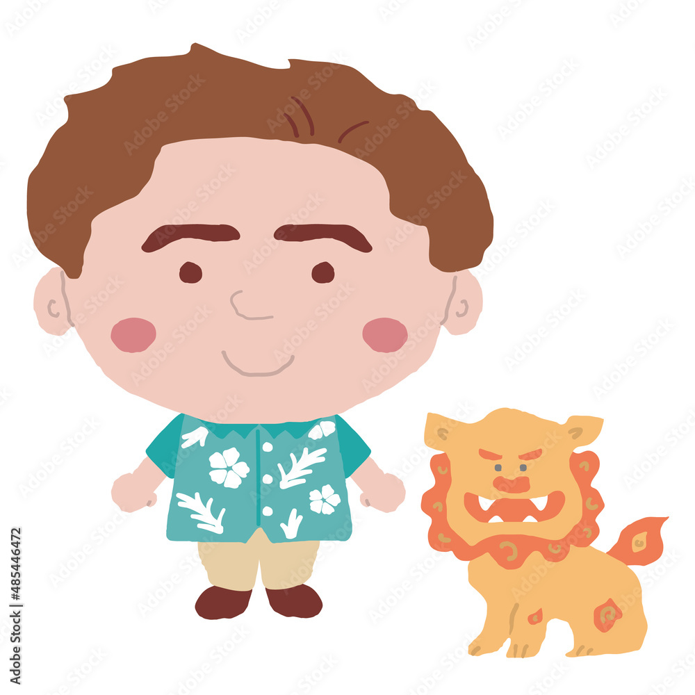 Obraz premium 沖縄のかりゆしウェアを着た男性とシーサー イラスト素材