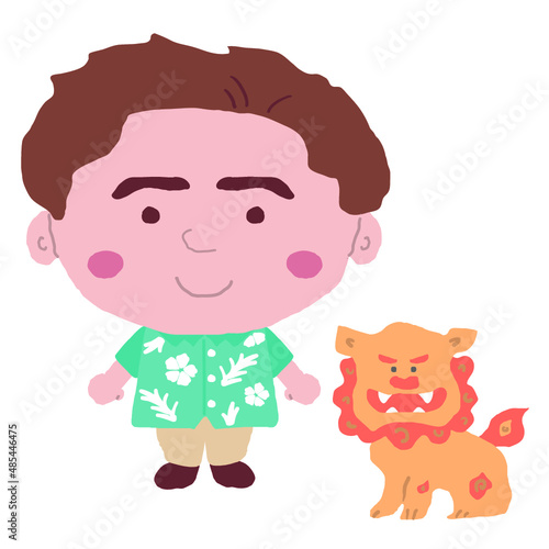 沖縄のかりゆしウェアを着た男性とシーサー　イラスト素材