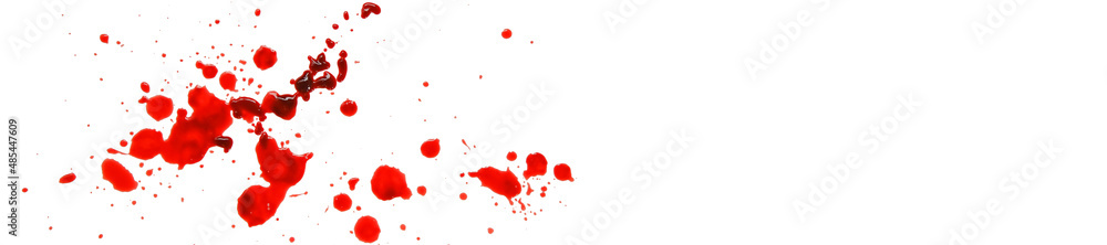Spots of blood. Red blood splatter and drops isolated On white background . Murder and crime concept. - obrazy, fototapety, plakaty 