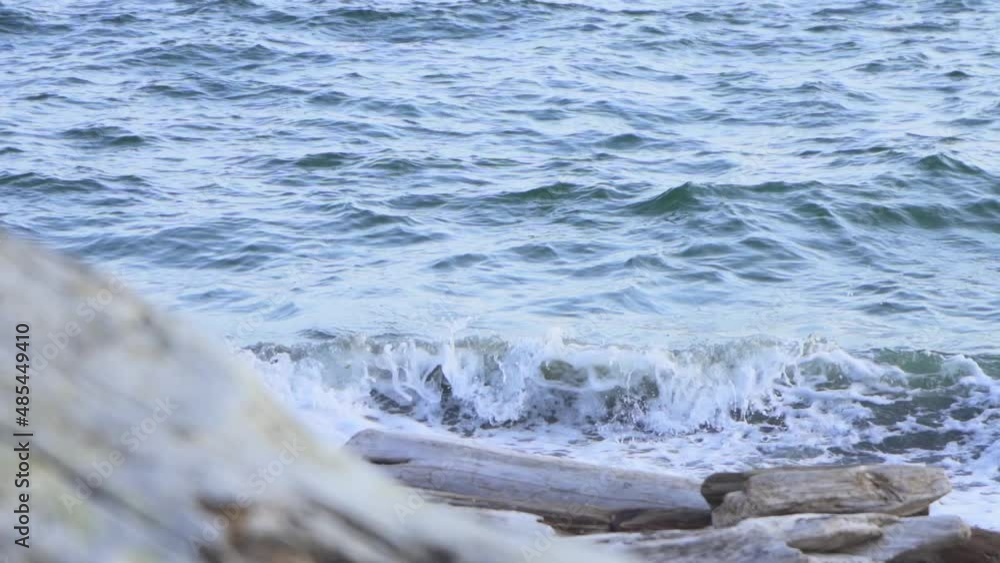 Close-Up Shot From The Beach To The Sea Waves with Wood Logs in Slow Motion. Close-Up Shot From The Beach To The Sea Waves with Wood Logs in Slow Motion.