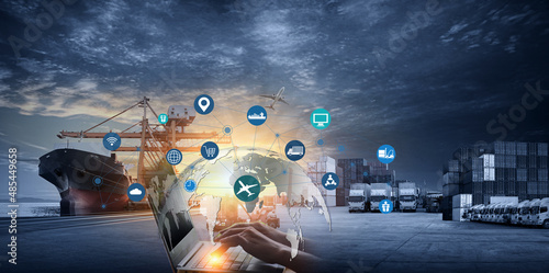 World map with logistic network distribution on background. Logistic and transport concept in front Container Cargo freight ship for Concept of fast or instant shipping, Online goods orders worldwide