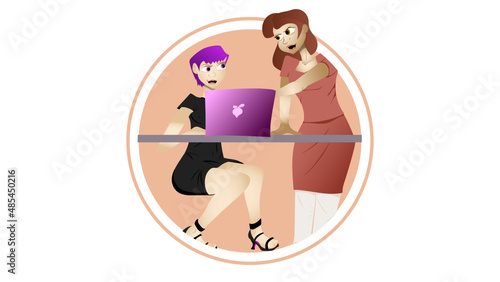 Illustration of two characters framed in circles in discussion over details on a computer screen