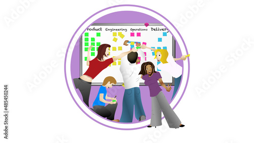 Illustration of agile team framed in circles grabbing project tasks on stickies arranged on a whiteboard