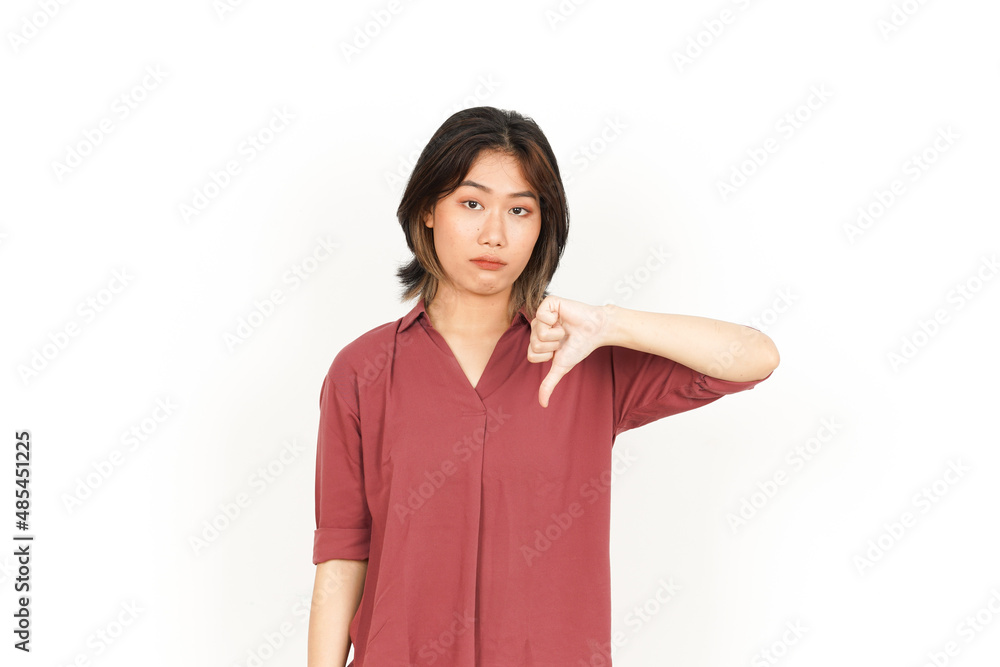 Showing Thumbs Down Of Beautiful Asian Woman Isolated On White Background