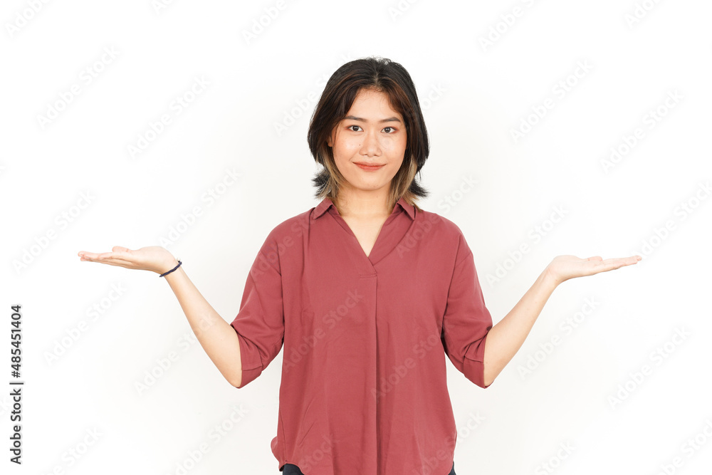 Showing Two Product on Open Palm Of Beautiful Asian Woman Isolated On White Background Showing Two Product on Open Palm Of Beautiful Asian Woman Isolated On White Background