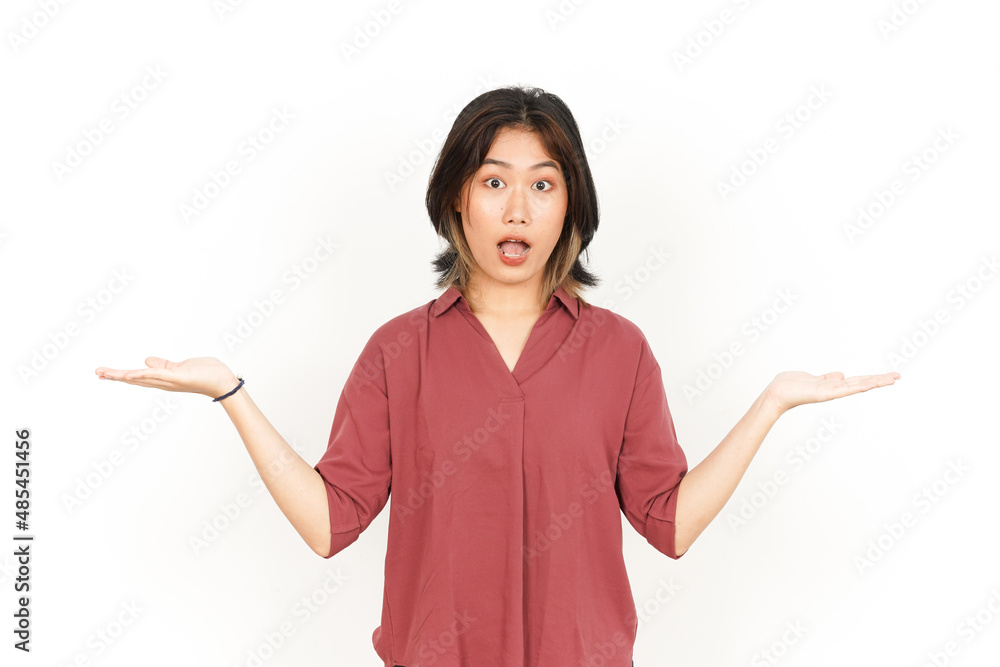 Showing Two Product on Open Palm Of Beautiful Asian Woman Isolated On White Background