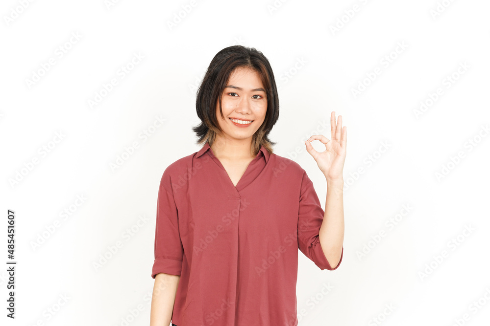Showing OK Sign Of Beautiful Asian Woman Isolated On White Background Showing OK Sign Of Beautiful Asian Woman Isolated On White Background
