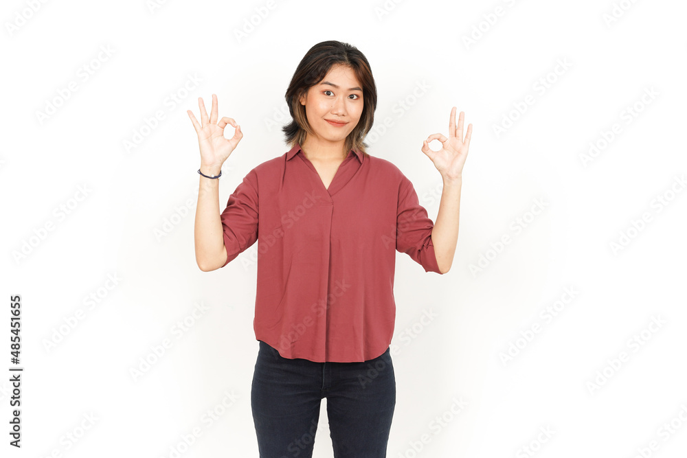 Showing OK Sign Of Beautiful Asian Woman Isolated On White Background Showing OK Sign Of Beautiful Asian Woman Isolated On White Background