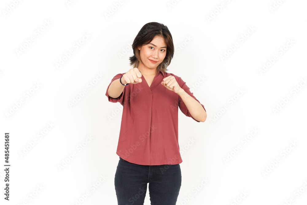 Making punch fist Of Beautiful Asian Woman Isolated On White Background Making punch fist Of Beautiful Asian Woman Isolated On White Background