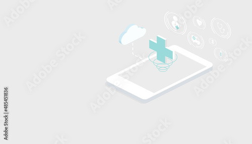Medical service online on smart phone application concept. Digital health care. Vector illustration isometric design.