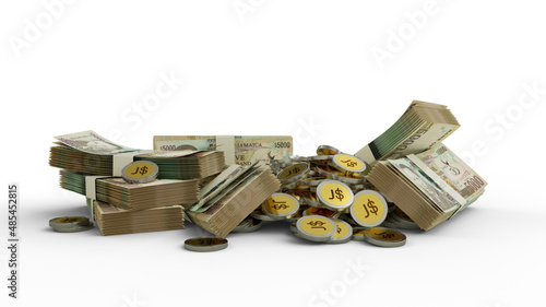 Jamaican dollar notes and coins. 3D rendering of bundles of banknotes and coin concept photo