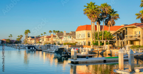 Intracoastal houses with boats and docks at the front at Coronado, San Diego, California