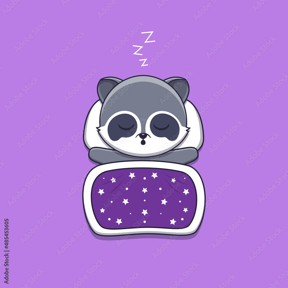 cute raccoon sleeping with pillow and blanket