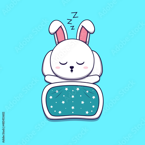 Cute rabbit sleeping with pillow and blanket