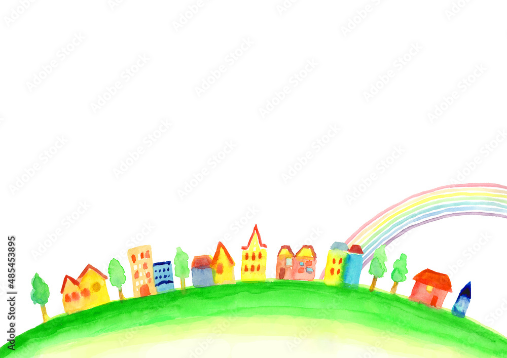 水彩で描いた虹と町並みのイラスト