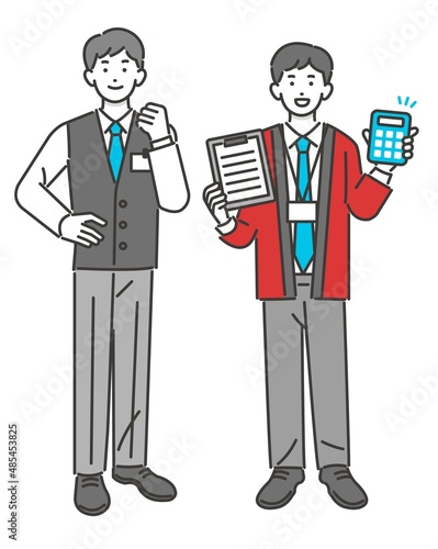 ガッツポーズをしたり、見積もりを取る家電量販店や電気屋、ショップ店員のベクターイラスト素材／接客／ベスト／社員／小売