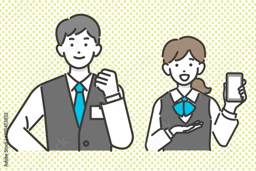 
スマホをもって説明をする家電量販店や電気屋、ショップ店員のベクターイラスト素材／接客／ベスト／社員／小売
