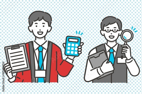 法被を着て電卓とバインダーを持ったり、虫眼鏡を持つ家電量販店や電気屋、ショップ店員のベクターイラスト素材／接客／ベスト／社員／小売／見積もり