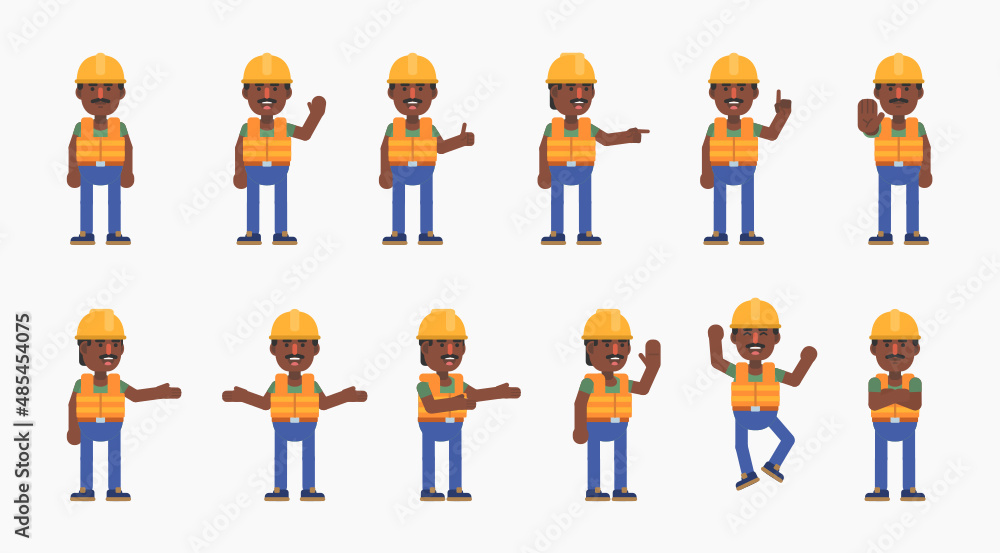 Cheerful black or indian construction worker showing various hand gestures. Builder with hard hat pointing, greeting, showing thumb up and other hand gestures. Modern vector illustration