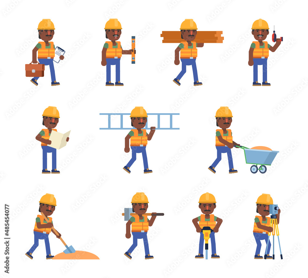 Set of black or indian construction workers showing various actions. Cheerful workman holding drill, jackhammer, ladder and other tools. Modern vector illustration Set of black or indian construction workers showing various actions. Cheerful workman holding drill, jackhammer, ladder and other tools. Modern vector illustration