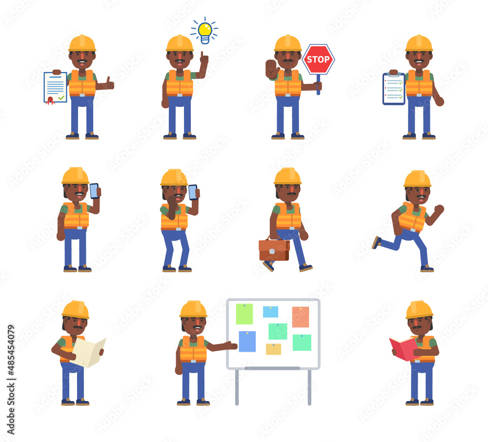 Construction worker in various situations. Cheerful builder holding document, stop sign, reading book, talking on phone and showing other actions. Modern vector illustration
