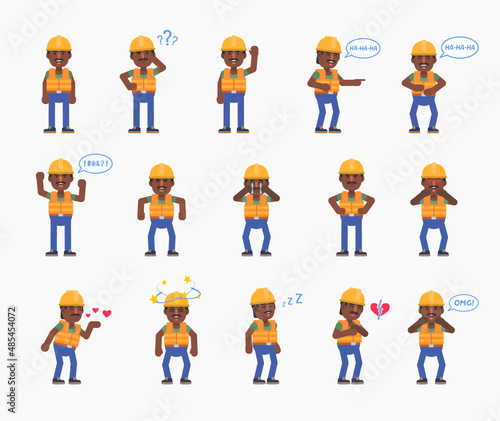 Black or indian construction worker showing various emotions. Builder crying, laughing, happy, tired, angry and showing other expressions. Modern vector illustration