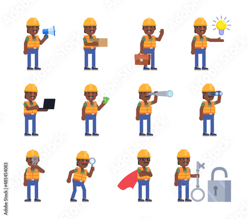 Black or Indian construction worker in various situations. Cheerful builder holding megaphone, big key, laptop, idea and showing other actions. Modern vector illustration