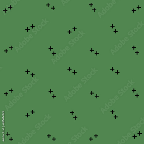 Pattern of black geometric shapes in retro, memphis 80s 90s style. Crosses shapes on green background. Vintage abstract background