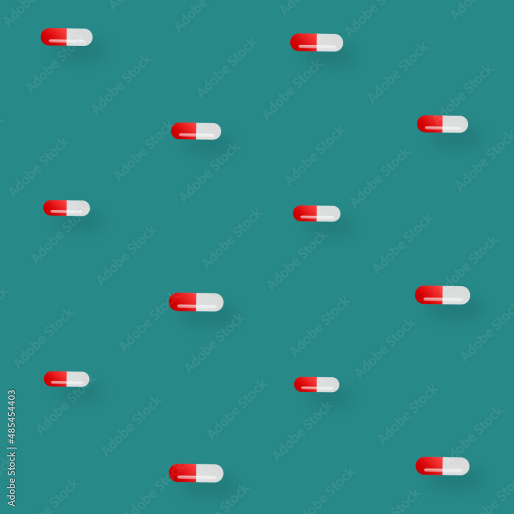 Colorful pattern of pills on turquoise background. Seamless pattern with capsules. Medical, pharmacy and healthcare concept