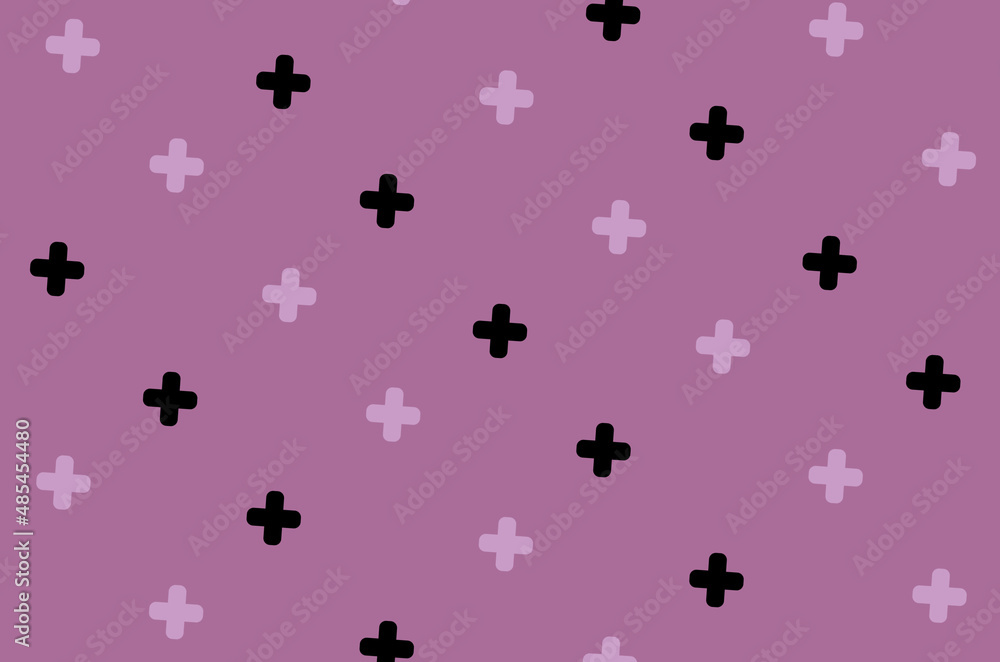 Pattern of black and pink geometric shapes in retro, memphis 80s 90s style. Crosses shapes on pink background. Vintage abstract background
