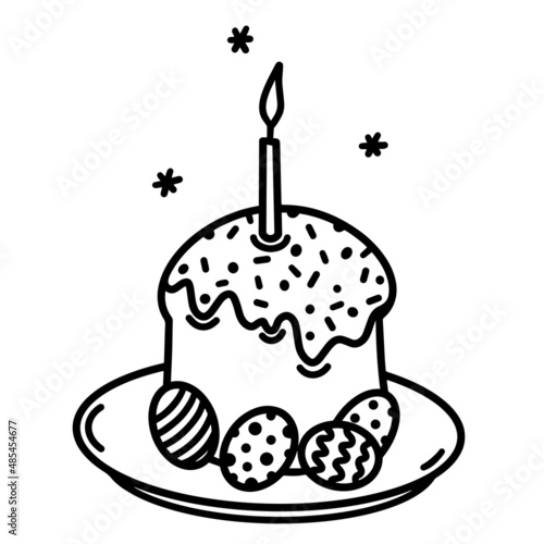 Traditional Easter cake, painted eggs on a plate. Hand drawn vector icon isolated on white background. Festive dessert with icing, sprinkles, burning candle. Simple monochrome doodle, outline