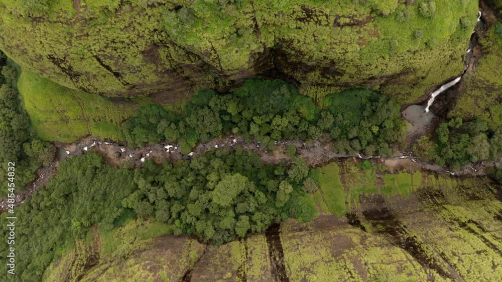 Lush Green Forests Below Moss Covered Cliffs Of Tamhini Ghat Mountain In India - aerial shot Lush Green Forests Below Moss Covered Cliffs Of Tamhini Ghat Mountain In India - aerial shot