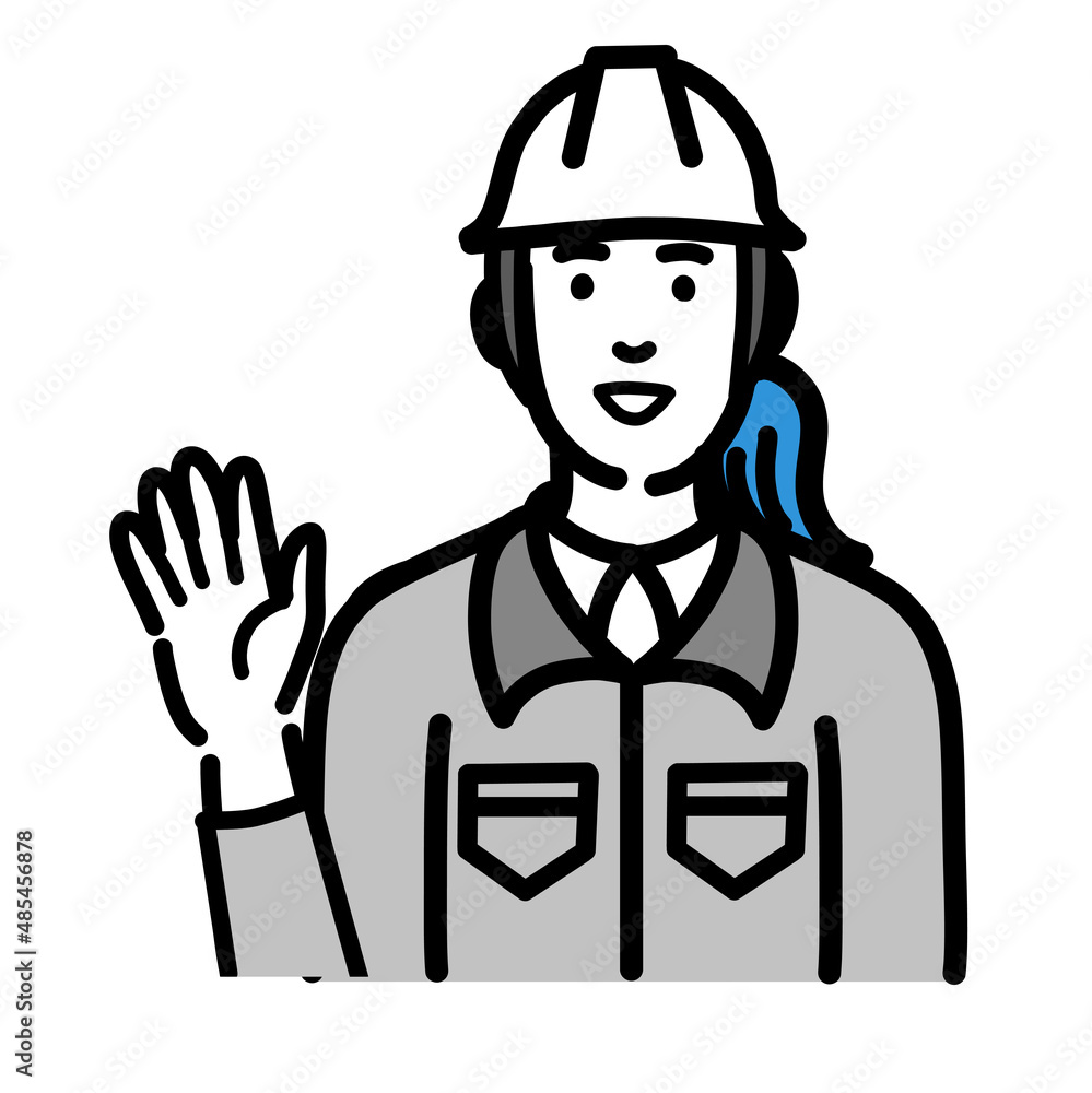 手を挙げて笑顔で挨拶をしているヘルメットをかぶった現場作業員の女性
