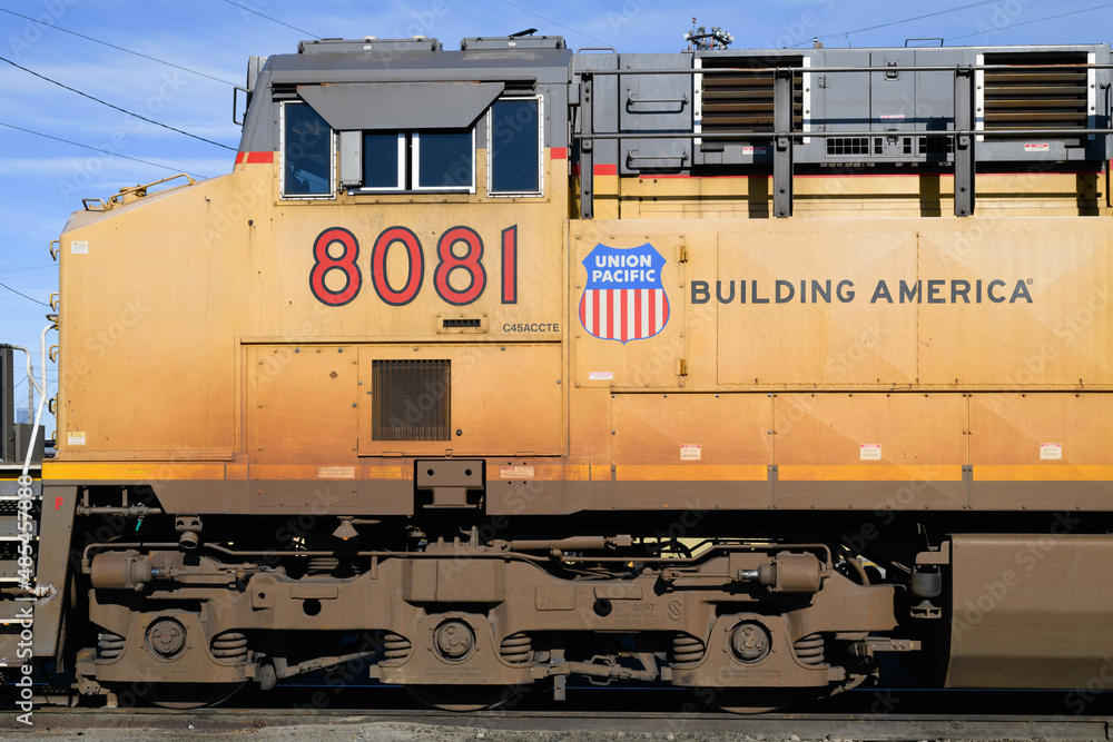 Seattle February 06, 2022; Closeup of Union Pacific yellow engine number 8081 with brand and