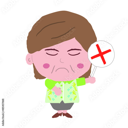 沖縄のかりゆしウェアを着た中年女性がバツ札を持っている