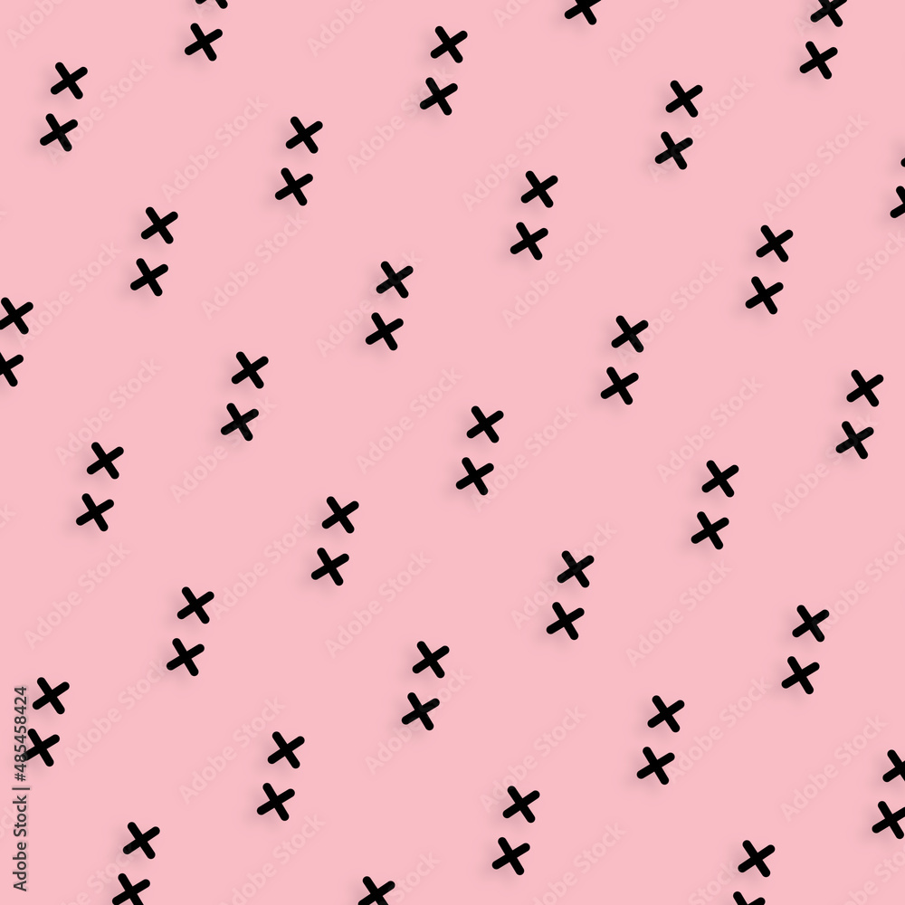 Pattern of black geometric shapes in retro, memphis 80s 90s style. Crosses shapes on pink background. Vintage abstract background
