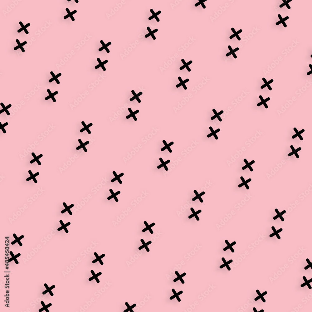 Pattern of black geometric shapes in retro, memphis 80s 90s style. Crosses shapes on pink background. Vintage abstract background Pattern of black geometric shapes in retro, memphis 80s 90s style. Crosses shapes on pink background. Vintage abstract background