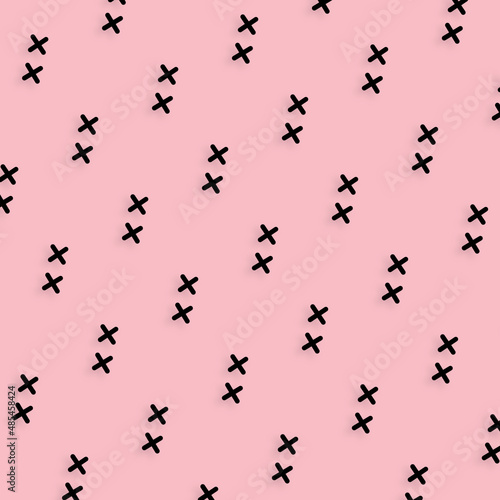 Pattern of black geometric shapes in retro  memphis 80s 90s style. Crosses shapes on pink background. Vintage abstract background