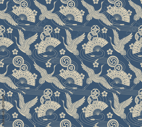 Japanese Flying Crane Bird Motif Vector Seamless Pattern