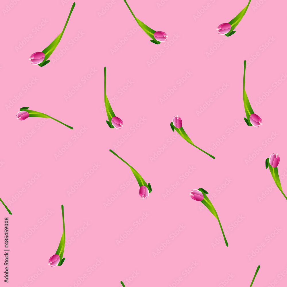 Seamless pattern with flowers. Abstract cute pattern on a Woman's Day with pink tulips on a pink background. Random, chaotic pastel background with tulips. Spring postcard for March 8. Seamless pattern with flowers. Abstract cute pattern on a Woman's Day with pink tulips on a pink background. Random, chaotic pastel background with tulips. Spring postcard for March 8.