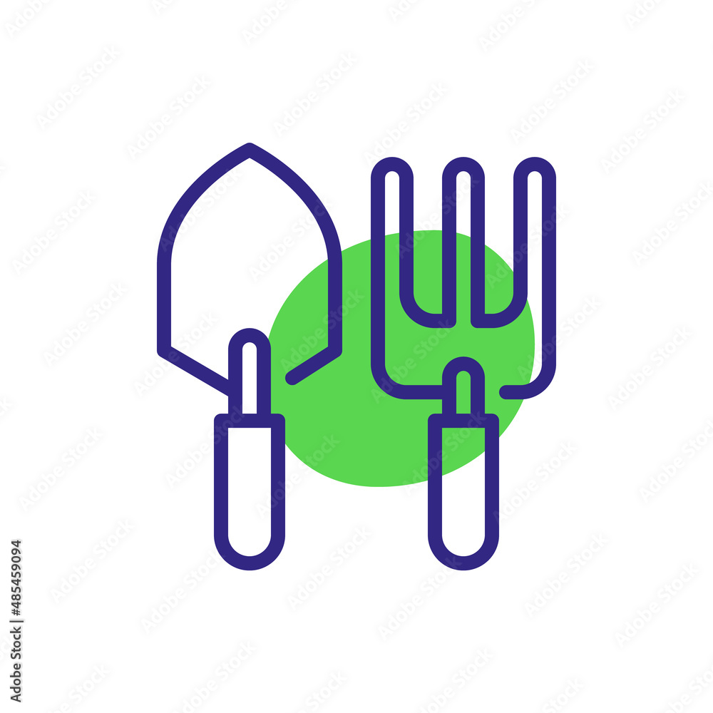 Gardening tools spade and rake. Pixel perfect editable stroke color icon